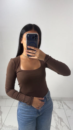 T-shirt à manche longue décolleté [ Marron ]