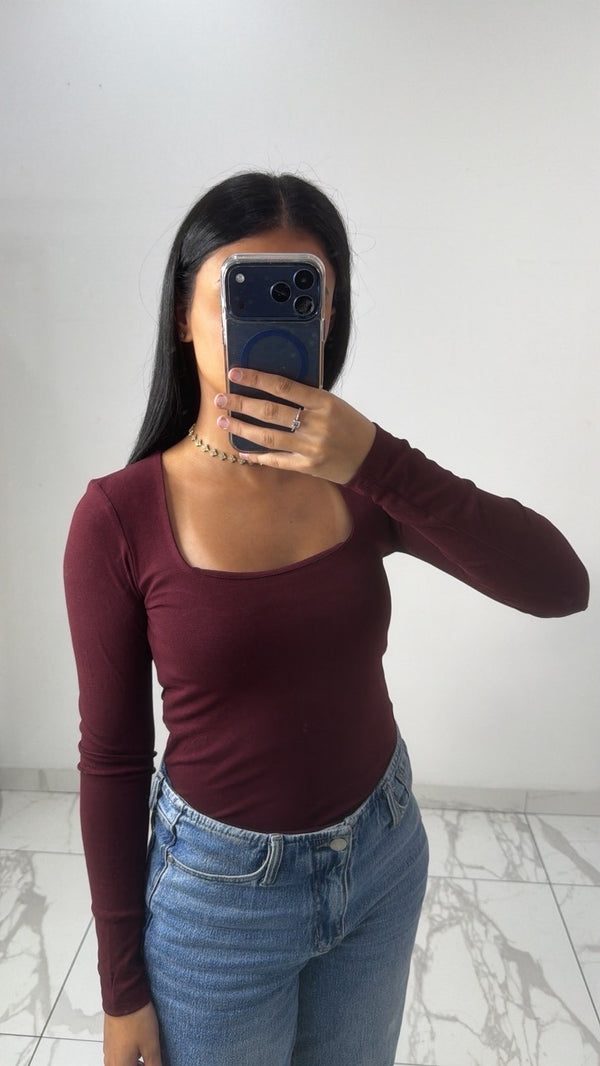 T-shirt à manche longue décolleté [ Bordeaux]