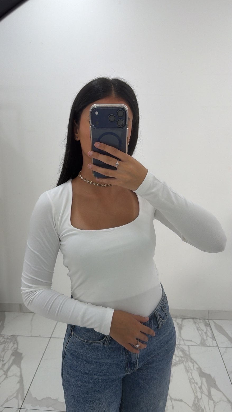 T-shirt à manche longue décolleté [ Blanc ]