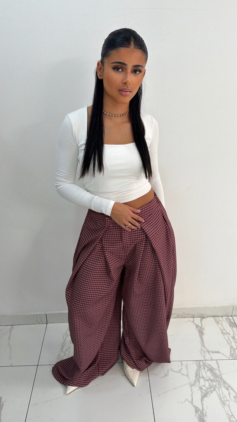 Pantalon à carreau long [ Aubergine ]